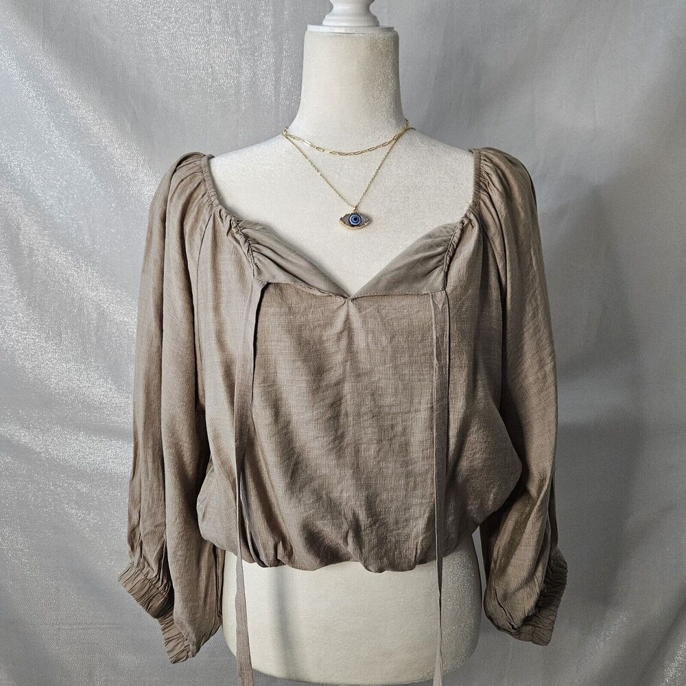 &MERCI NWT Balloon Bubble Sleeve Blouse Sz Large Griege Living It Up Msrp $66